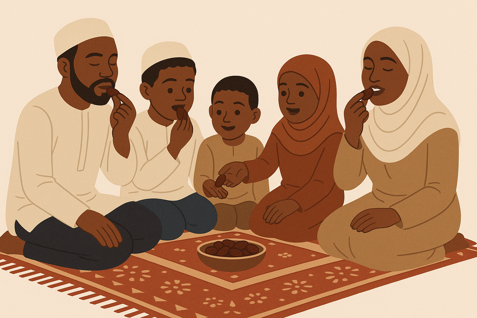 A family eating dates on a mat before prayer